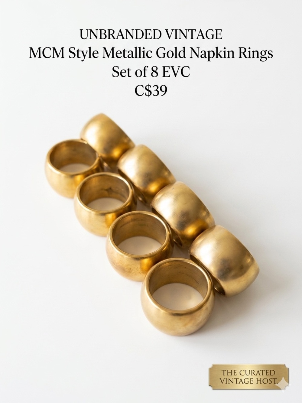 Vintage MCM Style Metallic Gold Napkin Rings - Set of 8 EVC